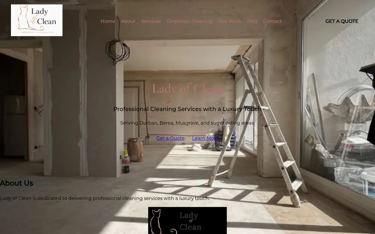 Home page of the Lady of Clean website: a sunlit interior with the heading Lady of Clean, Professional Cleaning Services with a Luxury Touch