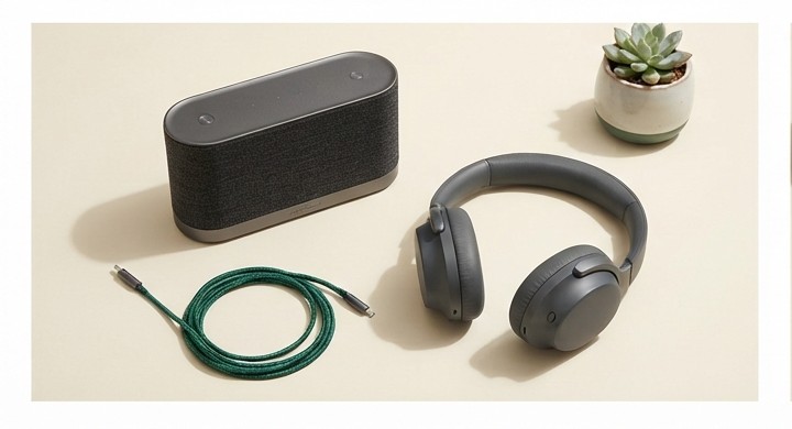 Sleek charcoal smart speaker setup