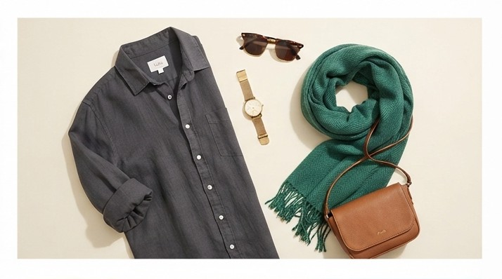 Charcoal grey button-down linen shirt with accessories