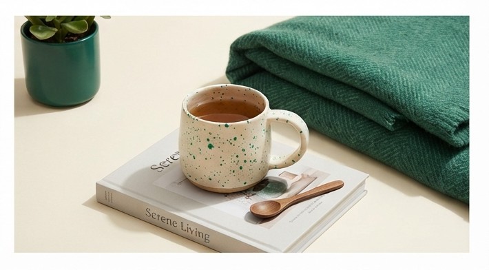 Minimalist green speckled coffee mug resting on design book